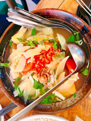 Saigonese Sweet and Sour Soup (Canh Chua )  at Golden Lotus Vegan in Newtown