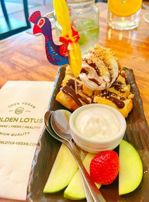 Banana Rolls with Coconut Cream and Ice Cream  at Golden Lotus Vegan in Newtown