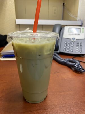 Iced green matcha tea latte with soy milk at Angel's Cafe in Sharon