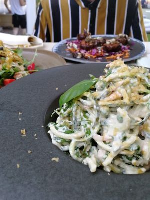 Courgette Spaghetti with Alfredo sauce and nooch! Delicious, big portions too! at Art of Raw at The Garden Lounge in Zadar