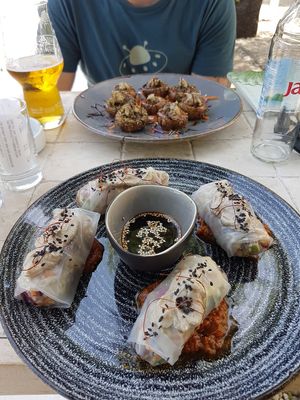 Spring rolls and button mushrooms at Art of Raw at The Garden Lounge in Zadar
