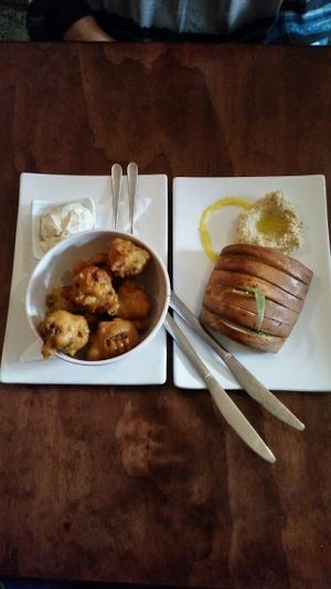 Cauliflower-Aioli / Garlic Bread- Hummus at Dog With Two Tails in Dunedin