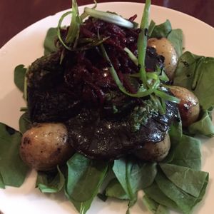 Mushroom stack with potatoes and beetroot  at Dog With Two Tails in Dunedin