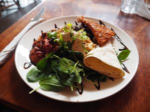 deconstructed vegan burrito at Dog With Two Tails in Dunedin