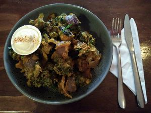 Seasonal battered vegetables w/ chili aioli (vegan) for $13 at Dog With Two Tails in Dunedin