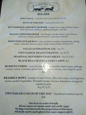 All day menu (V = vegan) at Dog With Two Tails in Dunedin