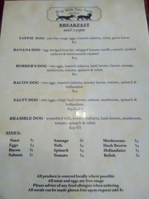 Breakfast/lunch menu (V = vegan) at Dog With Two Tails in Dunedin