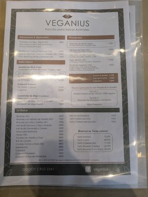 Food menu at Veganius in Buenos Aires