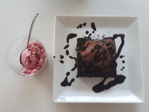 Chocolate brownie with chocolate and raspberry coconut ice cream at Smokey's The Brownie Bar in Colombo