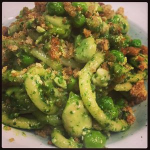 cashew pesto with chard, peas and wheat crumbs at Sbarbacipolla Biosteria in Colle Di Val Delsa