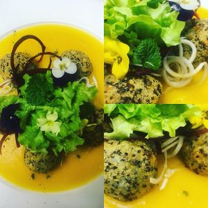 Weed Quinoa, chickpeas and cauliflower meatballs on pumpkin cream!  at Sbarbacipolla Biosteria in Colle Di Val Delsa