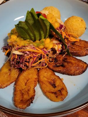 Caribbean vegan plate at Green Room Cafe in Jaco