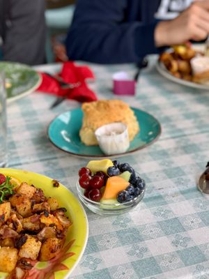 Tiny side of fruit add on was pricey at $5.95 at 2 Cats Cafe in Bar Harbor