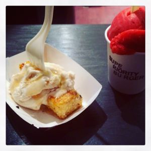 on left: sweet glazed polenta cake w vegan maple gelato > on right: strawberry lychee sorbet at Superiority Burger in New York City