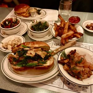 Vegan Diner Feast with Yuba Verde, Burger, Pickled Beets, Burnt Broccoli, Fries, Lemon Broccoli Rabe, Garlic Cauliflower, and more   #Veganuary at Superiority Burger in New York City