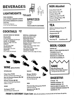 Beverage menu at Superiority Burger in New York City
