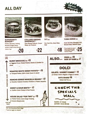 All day food menu at Superiority Burger in New York City