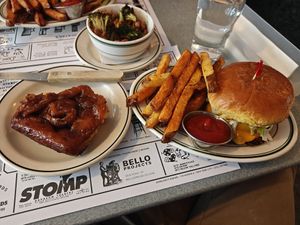 Burger, fries, broccoli, and cinnamon roll at Superiority Burger in New York City