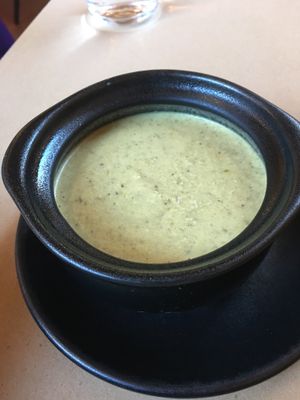 Creamy eggplant soup, special soup of the day.  at 21 Oak in Manchester