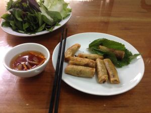 spring rolls! not sure if I did the right thing but they gave me a plate of leaves and mint stuff so I wrapper the spring rolls in it  at Dai Loc in Da Lat