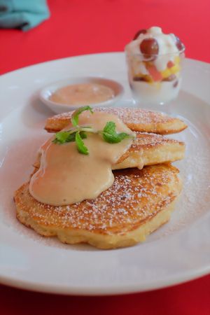 Apple-Cinnamon Pancakes (vegetarian) / or our Vegan Blueberry Pancakes at Haven in Siem Reap