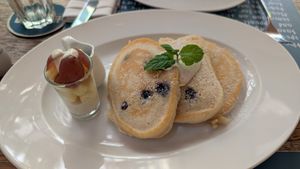 Blueberry pancakes with cashew cream and fruit at Haven in Siem Reap