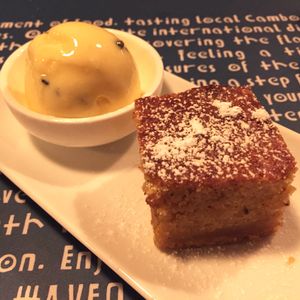 Vegan carrot cake! Actually get 2 pieces of this in a portion, served with passionfruit sorbet  at Haven in Siem Reap