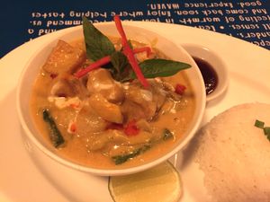 Khmer curry, the tamarind sauce on the side is a great addition. Full of tofu and veg, deliciously creamy. at Haven in Siem Reap