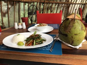 Grilled corn starter and the vegetable ginger tofu dish and a coconut of course at Haven in Siem Reap