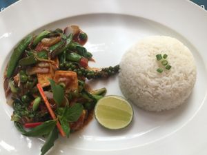 Mixed veggies and steamed rice at Haven in Siem Reap