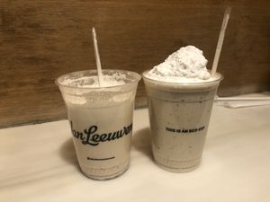 Shakes. L - mint chip with oat milk, R cookie crumble strawberry jam with soya milk and cream   at Van Leeuwen Ice Cream - Manhattan Ave in Brooklyn