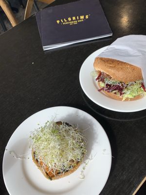 Pie and burger  at Pilgrims Vegetarian Cafe in Huskisson