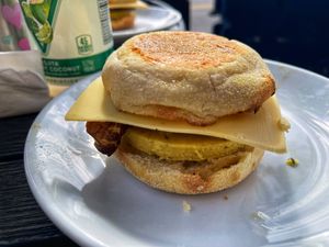 Breakfast sandwich with tempeh. The house made egg is pretty good, the English muffin was so yummy and soft   at Jodi Bee Bakes in Salem
