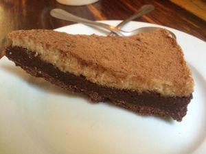 Vegan chocolate ganache cake with marzipan topping. Yum! at FOREVER in Mexico City