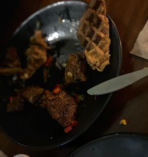 Damn near gone and SO GOOD! Portobello Fried “Chicken” & Waffles - star of the show!  at FOREVER in Mexico City