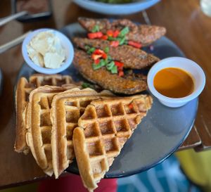 Day 2 - so good. Portobello “chicken” & waffles.  at FOREVER in Mexico City