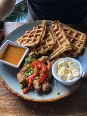 Fried “chicken" and waffles  at FOREVER in Mexico City