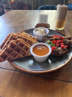 Chicken and waffles (a bit too much fat)  at FOREVER in Mexico City