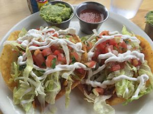 Vegetarian tostadas with vegan cheese & sour cream at Mexican Kitchen in New Paltz