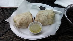 "Loaded" Burrito Vegano, Also shown: Salsa Verde and Side of Black Beans. Ordered "Meatless Monday," when vegan items are at reduced prices for the day.  Mexican Kitchen July 2021. at Mexican Kitchen in New Paltz