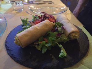 Cannoli with hummus with spices at CamBio Logico in Forli