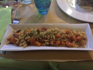 Gnocchetti with pumpkin, dried tomatoes and pistachio  at CamBio Logico in Forli
