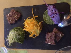 Tris of Raw Hummus: spinach/ pumpkin/ purple cabbage at CamBio Logico in Forli