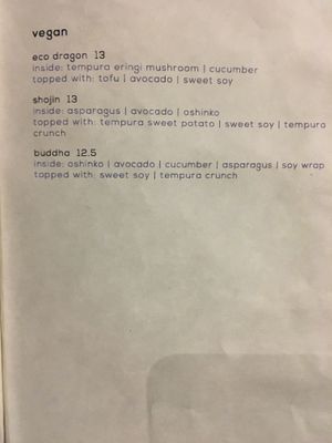 Vegan sushi menu at Bushido in Mountain View
