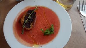 Gazpacho of charentais melon and tomato, Banyuls vinegar, garlic crostini and Kalamata olive tapenade  at Dune in Paris