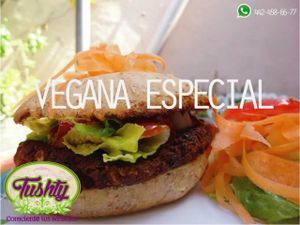 La mejor Hamburguesa Vegetariana / Vegana del rumbo. El pan es hecho en casa y es totalmente Vegano. Usamos un aderezo casero que preparamos el mismo día para sustituir la mayonesa. Usamos únicamente ngredientes frescos y sin procesar. at Tushty in Queretaro
