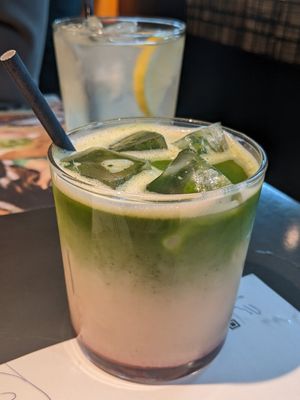 Matcha and strawberry oat latte at Wagamama in Canterbury