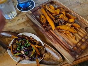 Seitan Taco, Sweet Potato and 2 different Arepas at Recyclo Bike Cafe in Malaga