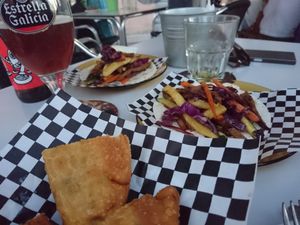 Empanadas and tacos with seitan at Recyclo Bike Cafe in Malaga