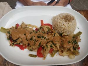 Heura (veggie chicken) with vegetables and rice at Vegetalia - Born in Barcelona